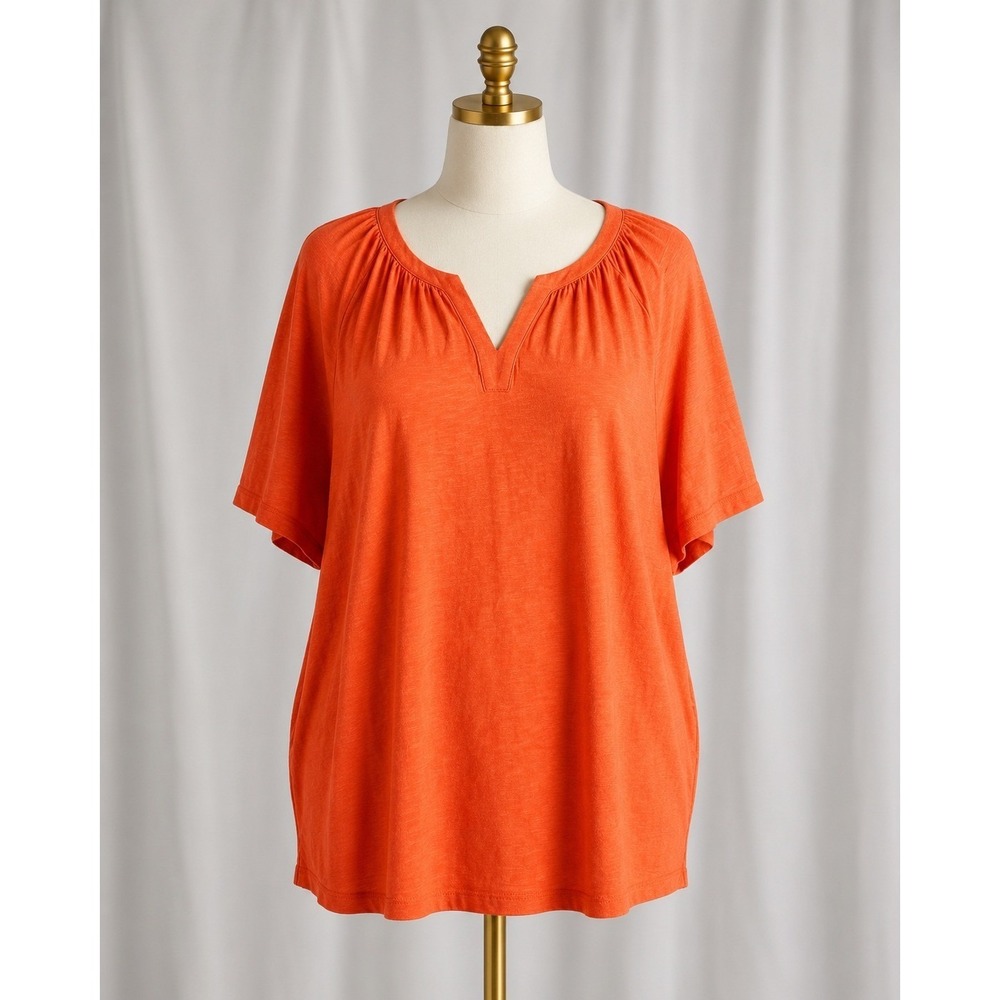 Denim & Co Linen Blend Flutter Short Sleeve Knit Top 3X Orange Split V-Neck